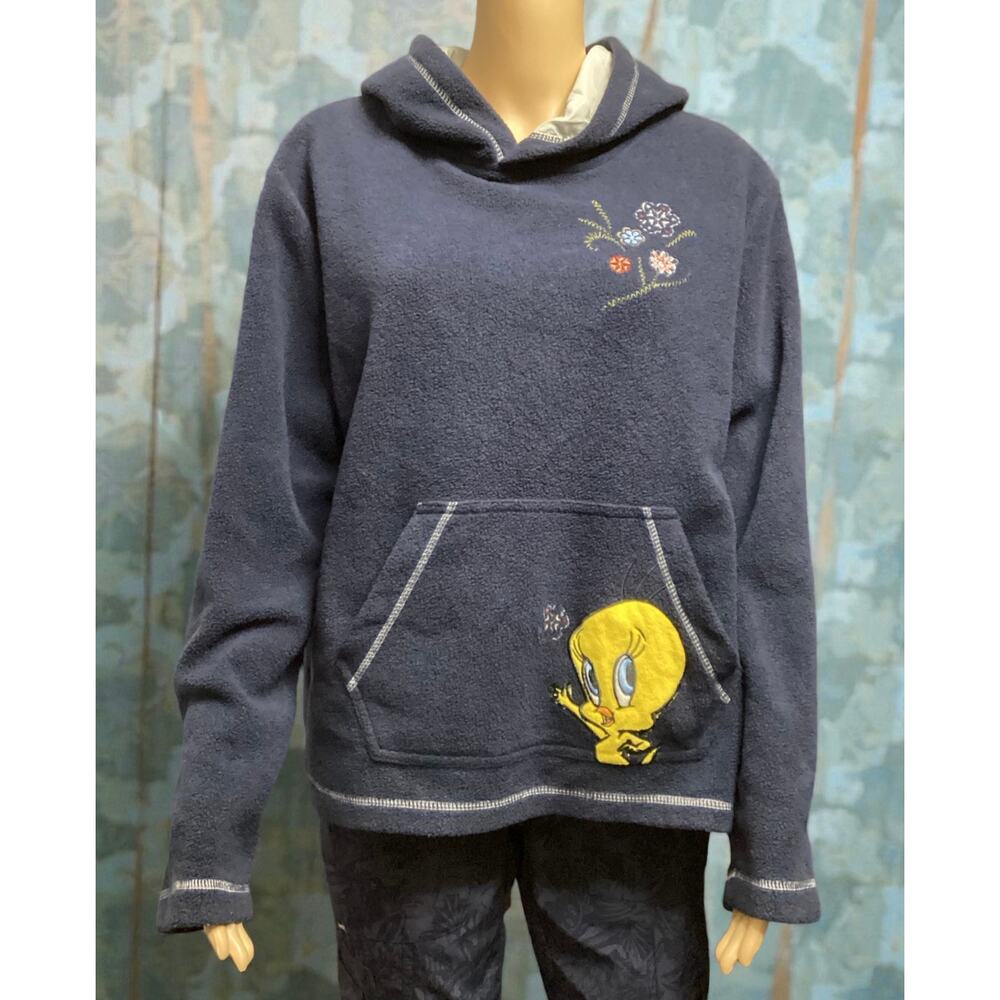 Vintage Looney Tunes Tweety Bird Warner Bros pullover fleece hoodie size L navy - Picture 1 of 7